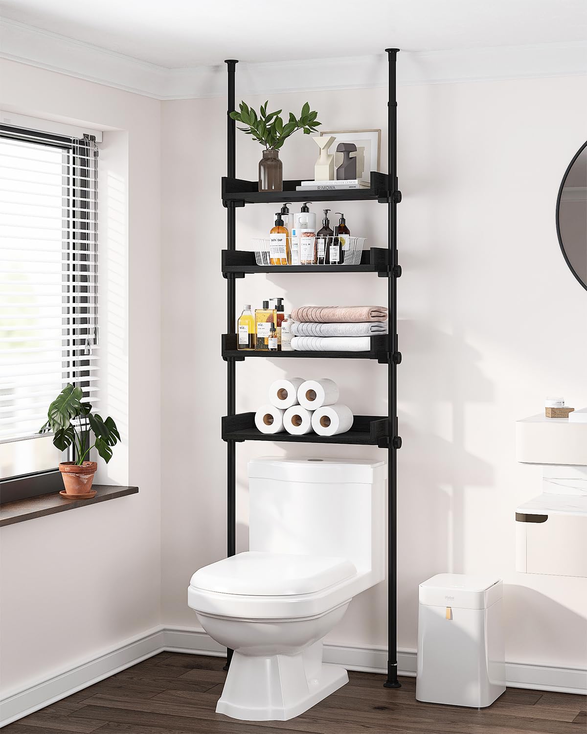 Photo 1 of ALLZONE 4 Tier Over The Toilet Storage, Adjustable Wood Over Toilet Bathroom Organizer, Freestanding Shelves, Fit Most Showers Over The Toilet Shelf, 92 to 116 Inch Tall, Black