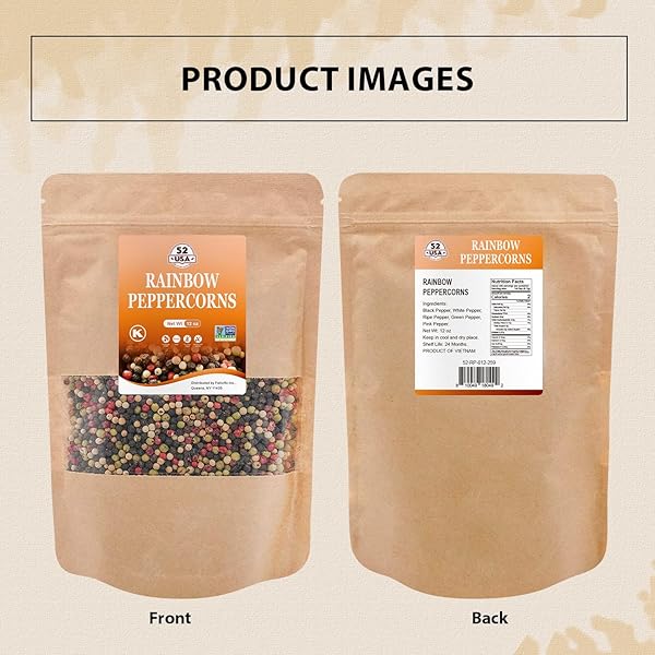 52USA RAINBOW PEPPERCORNS, 12OZ, PEPPERCORN FOR GRINDER REFILL, WHOLE WHITE PEPPER CORNS, RED PEPPERCORN, BLACK PEPPERCORNS, MIXED PEPPERCORNS, RAINBOW PEPPER MIX