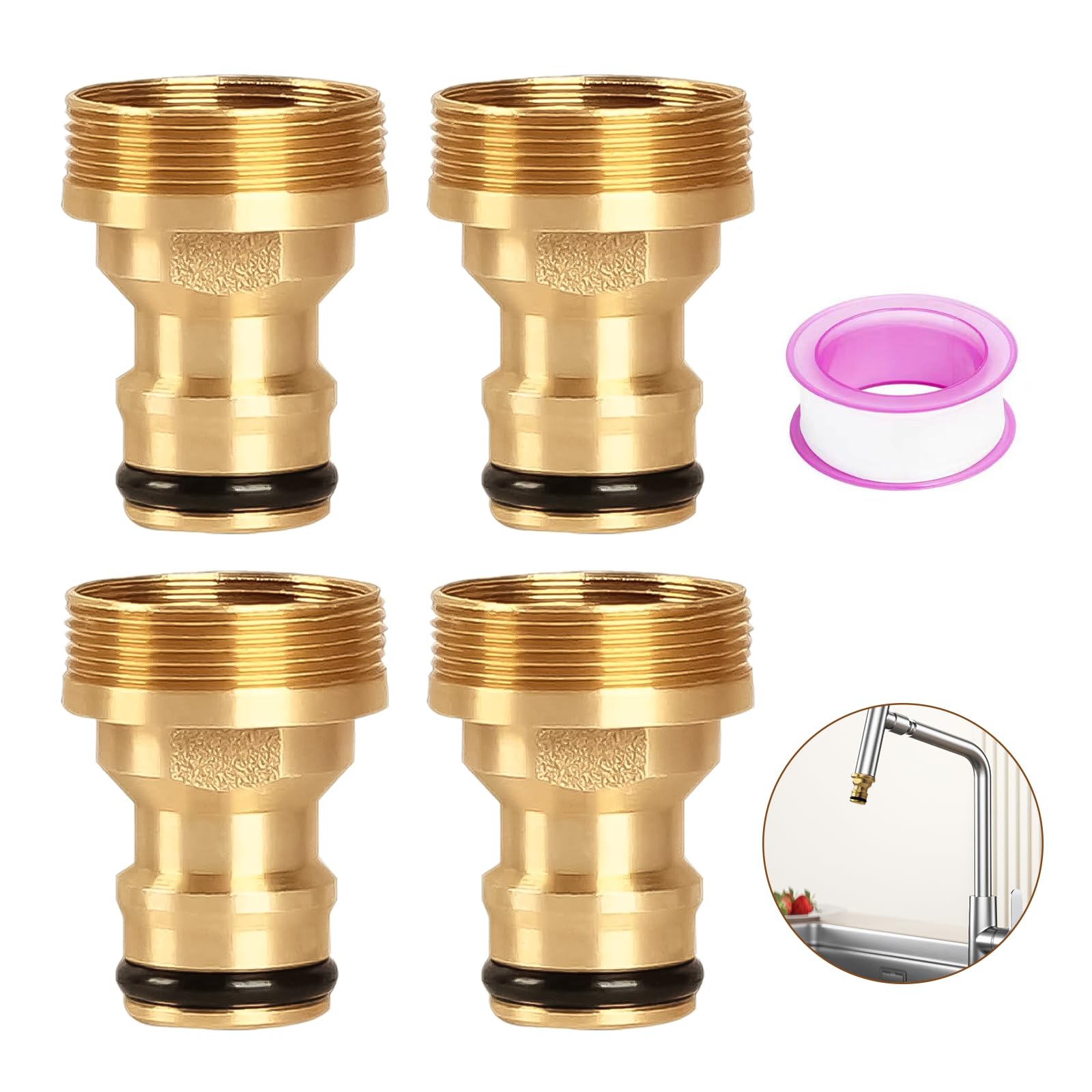 4 Pcs Universal Tap Connector with Waterproof Tape Set, Brass Kitchen Tap Connector, 22mm Female 24mm Male Kitchen Mixer Tap Hose Connector, Hose Tap Connector for Kitchen Tap, Bathroom, Garden