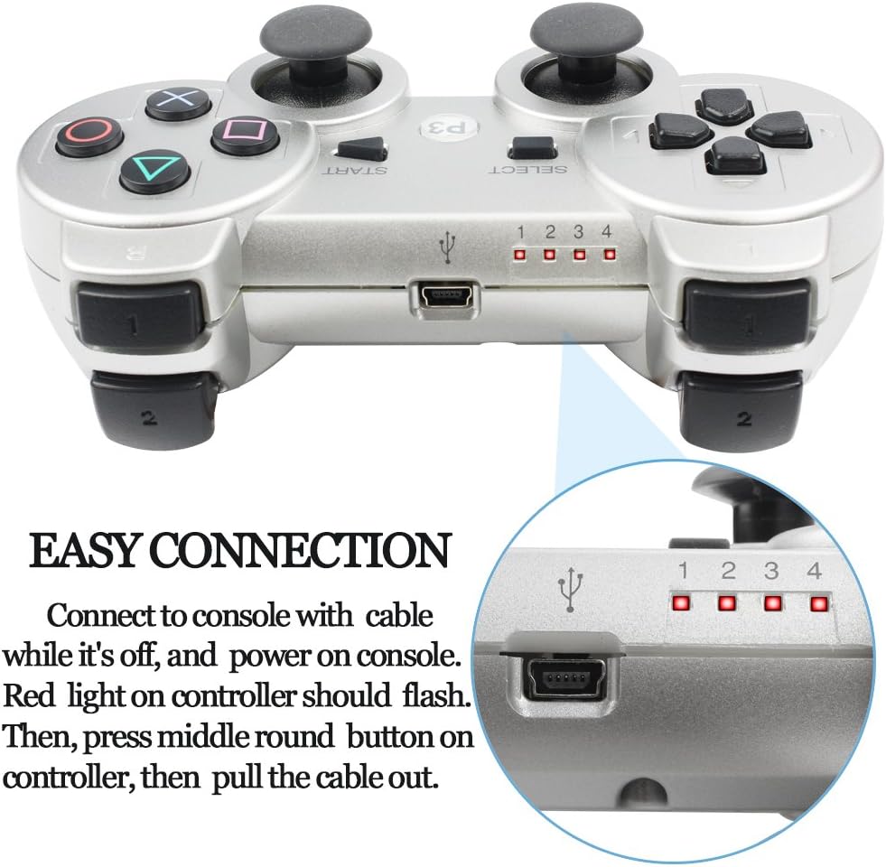 Autker PS3 Controller Wireless 2 Pack Playstation 3 Controller Double Vibration for PS3 with 2 Charging Cable (Silver+Red): Electronics