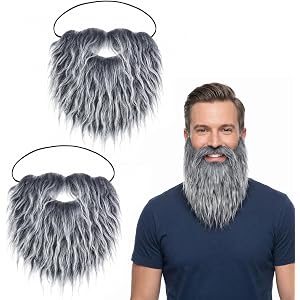 Yuanan 2Pcs Silver Gradient Curly Fake Beard, Natural Curly Gray Beard for Cosplay Party
