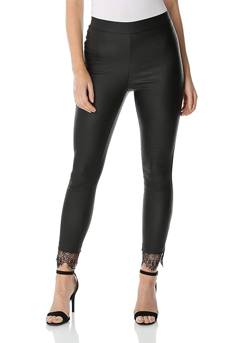 Roman Originals Damen Beschichtete Hose mit Spitzensaum - Damen Bequeme Stretch-Hose für Alltag, Partys, abends, Leggings mit