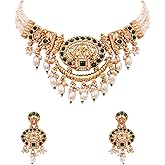 I Jewels Gold Plated Indian Bollywood Wedding Temple Motif Necklace Set with Pearl Danglings for Women
