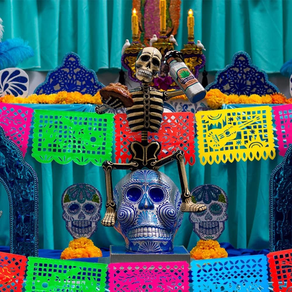 FUTUREPLUSX Day of The Dead Decorations, 18 Feet Plastic Papel Picado Banner Dia De Muertos Wall Decor Mexican Fiesta Garland Party Favors