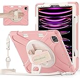BRAECNstock Kids Case for Apple iPad Air 13 inch (M3/M2)/ Pro 12.9 inch 6th/5th/4th/3rd Gen, Shockproof Protective Case with Pencil Holder, 360° Rotating Stand & Hand Strap, Shoulder Strap, Rose Gold