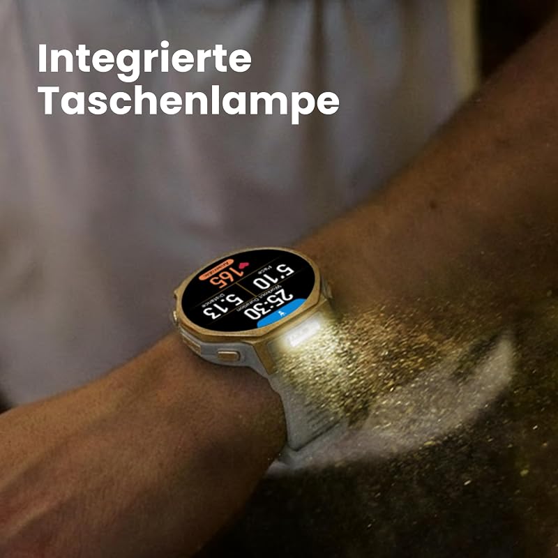 T-Rex 3 Pro Outdoor Smartwatch 44 mm Saphir-AMOLED, Taschenlampe, Titanlünette, Dual-Band GPS, Offline-Karten, bis zu 17 Tage Akku, 10 ATM, 180+ Sportmodi, Android & iPhone, Arktisches Gold