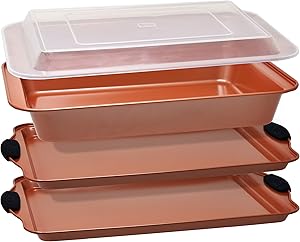 Copper Baking Sheet Pans Nonstick Bakeware Set 4 Piece includes 2 Large Cookie Sheets with Black Silicone Handles a 9x13 Rectangular Cake Pan Plus a Clear Plastic Cover for Easy Storage by PERLLI