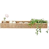Synovana Boho Long Rattan Wall Shelves Farmhouse Woven Wall Mounted Shelf Basket Organizer Storage Rustic Floating Hanging Sh