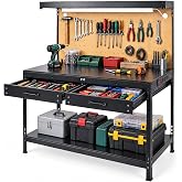 Pterying Work Benches for Garage, 3-Tier, A3 Steel | For Garage, Workshop &amp; Basement, 2 Drawers, 4 AC Outlets, 2 USB Ports, Pegboard, 12 Hooks, 600 LBS