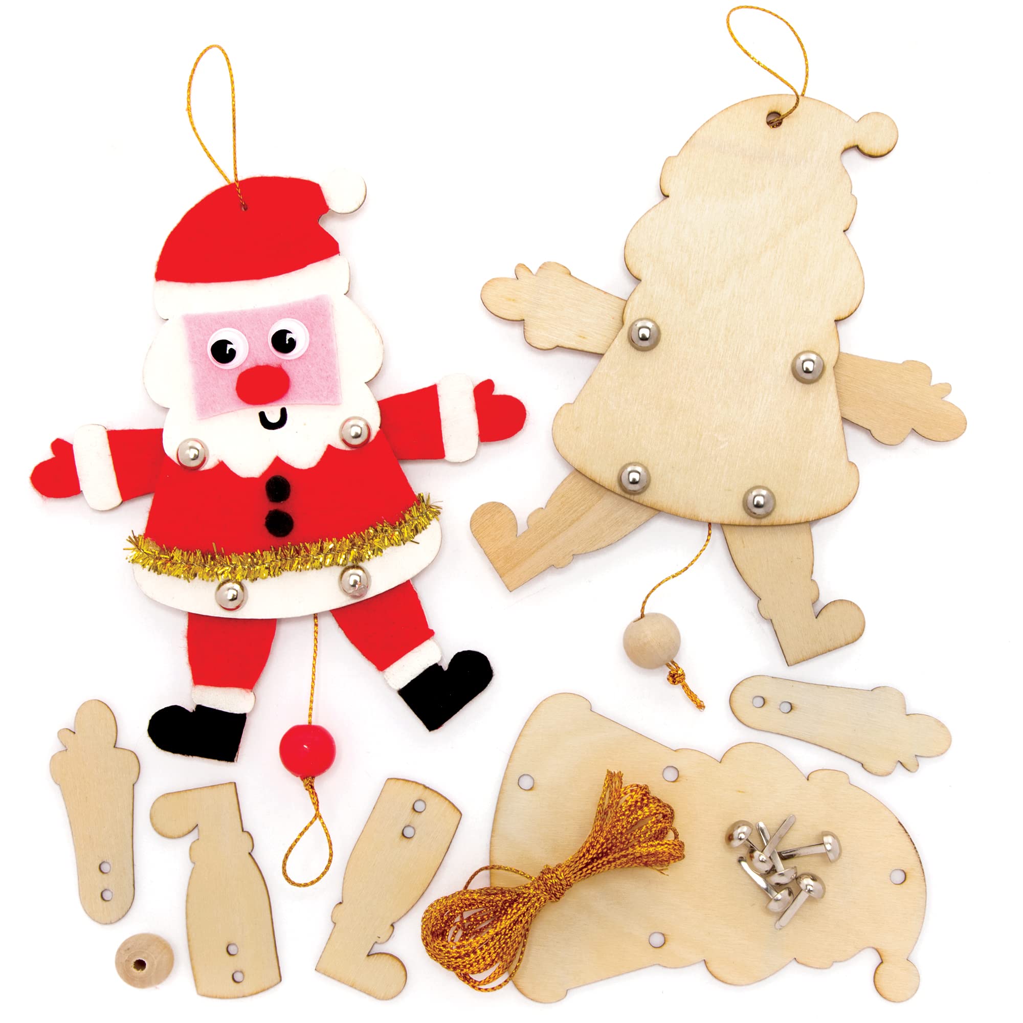 Baker Ross FE901 Santa Wooden Puppet - Pack of 5, Make Your Own Wooden Puppets, Puppets for Kids, Wooden Crafts for Kids to Assemble and Decorate