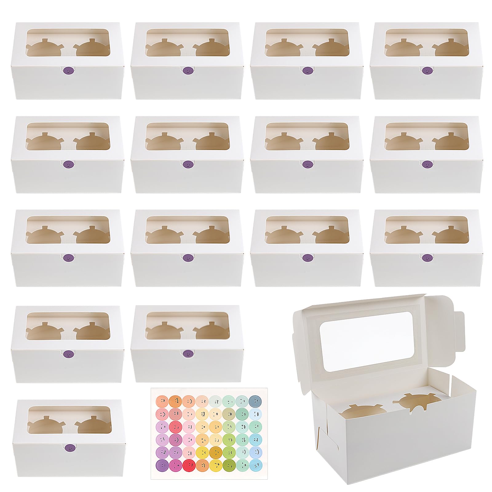 JETOP 16 Packs White Cupcake Boxes With 2 Holes [+48 Stickers], Cake Boxes With Window and Inserts for Muffins or Cookies