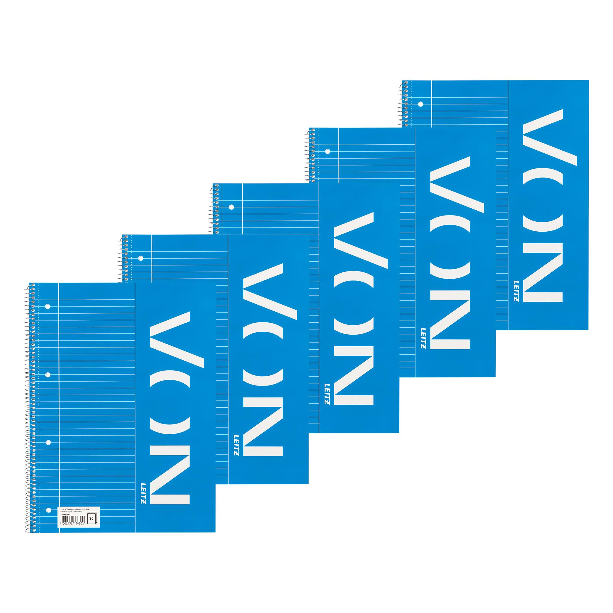 Leitz VON 45750001 A4 Lined Notepad with 160 Pages, 80 Sheets, Ideal for Office, Study and School, with Margin Left, Pack of 5