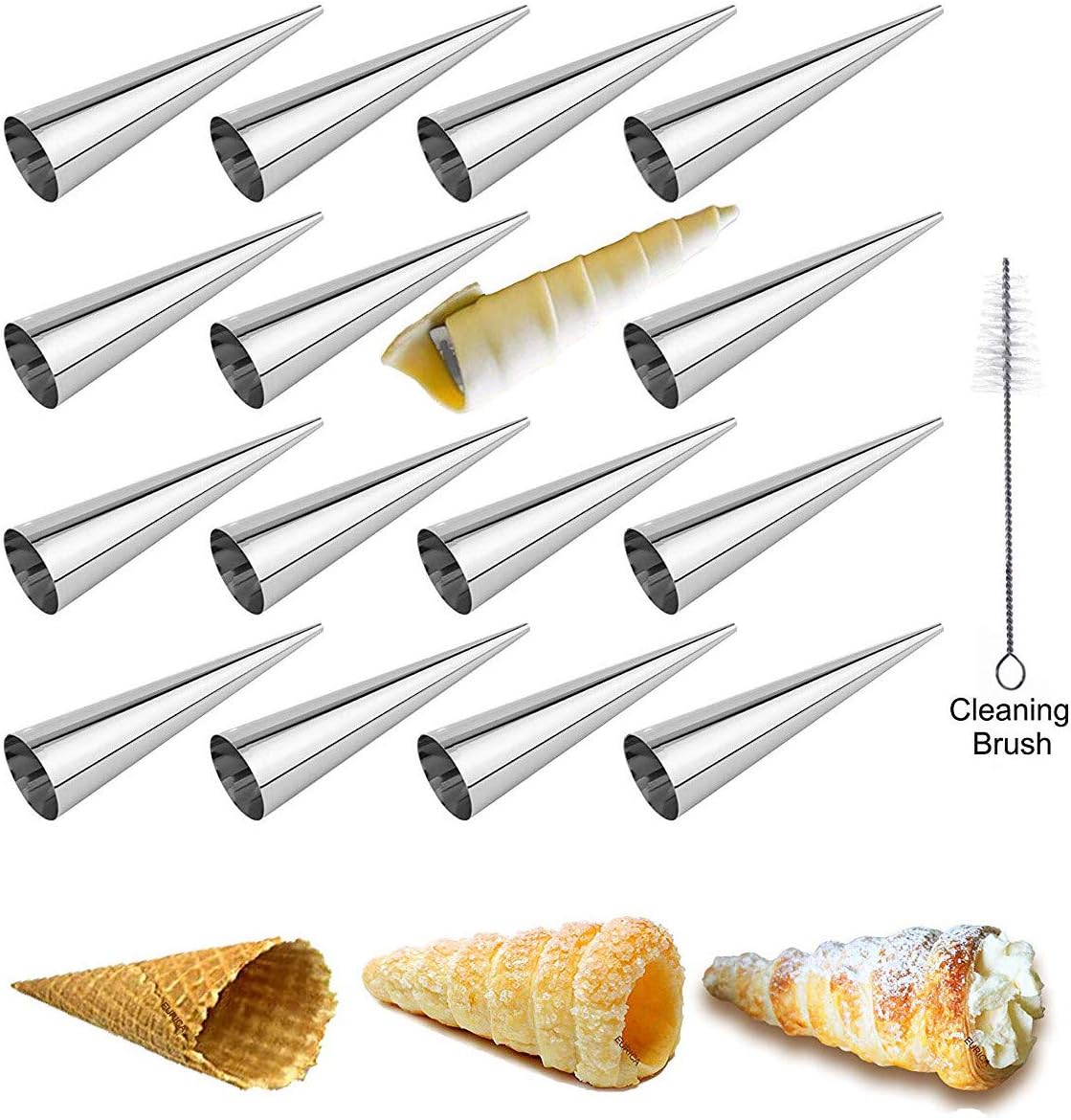LAEMALLS 16PCS Stainless Steel Cannoli Form Tubes, Cream Horn Moulds, Croissant Mold, Conical Pastry Mould, Non-Stick Coating, with Cleaning Brush, for Croissant Shell Cream Roll#2