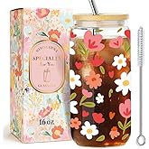 Cute Pink Flower Drinking Glass Cups with Lid and Straw Gifts for Women Daughter Niece Friends,Floral Daisy Wildflower Ice Coffee Glass Cup Gifts for Birthday Christmas,Coffee Lover Gift for Her