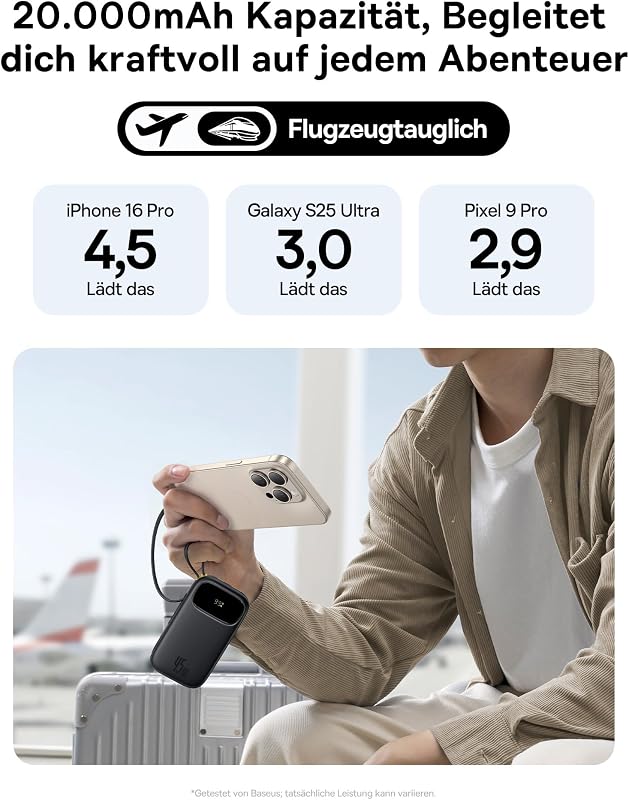 QPow3 Powerbank 45W 20000mAh mit 2 integriertem USB-C Kabel, Power Bank PD3.0 QC4.0, 3 USB C und 1 USB A, LED Display Schnellladefunktion für iPhone 17/16/15 Pro Max, iPad, Galaxy, Schwarz