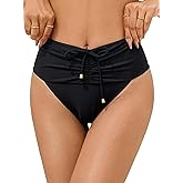 WODECASA Women's High Waisted Black Bikini Bottoms Tie-Front Ruched Tummy Control Full Coverage Bathing Swimsuits Bottoms