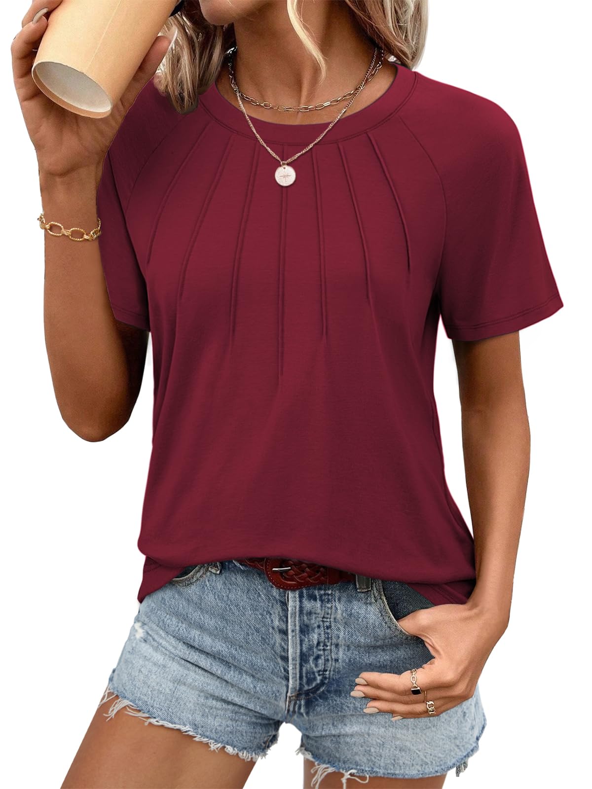 Photo 1 of ATHMILE Womens Business Casual Clothing Tee Shirts Fashion Knitted Blouses Y2k Spring Outfits 2025 Wine Red