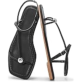 ATBELL Strappy Flat Sandals for Women Square Toe Ankle Strap Thong Sandal with Silver Ball Trendy Summer Flip Flops Shoes