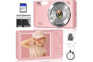 CEYE Digital Camera, FHD 4K 44MP Digital Camera for Photography, 16X Digital Zoom, Digital Point and Shoot Camera with 3-LED Fill Lights, 64GB SD Card, Compact Camera for Kids Teen Boys Girls, Pink