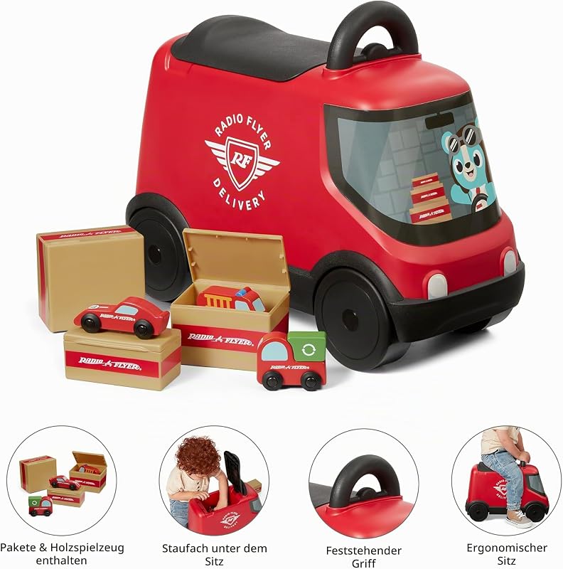 Ride & Deliver Truck, rotes Rutschfahrzeug für Kleinkinder ab 2 Jahren