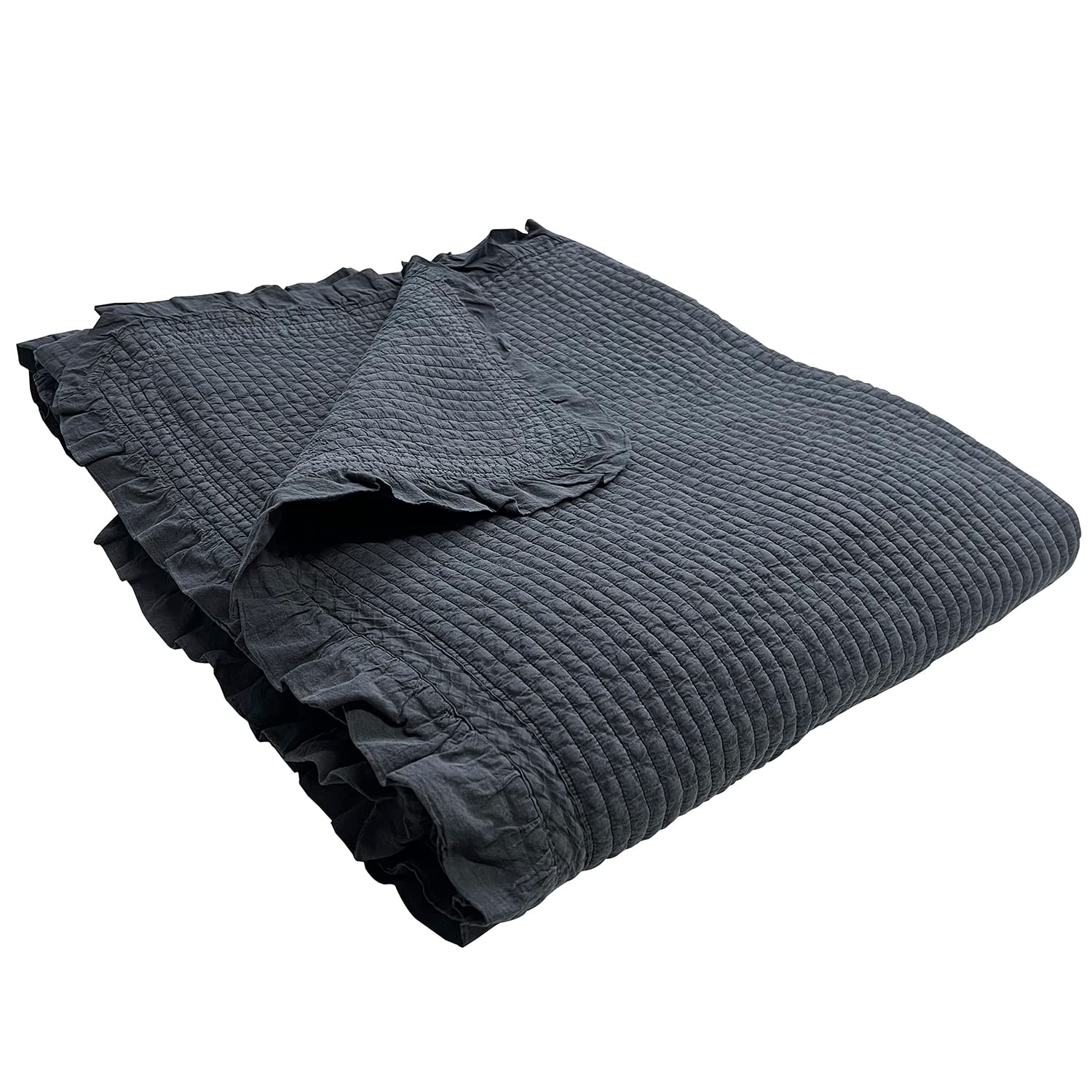 Photo 1 of 100% Cotton Frilled Bed Coverlet, Blanket – Twin Size Bed 63 x 83” - Pigment Washed Soft & Breathable Quilted Blankets for Bed and Couch – Lightweight Bed Coverlet for All Seasons (Charcoal)