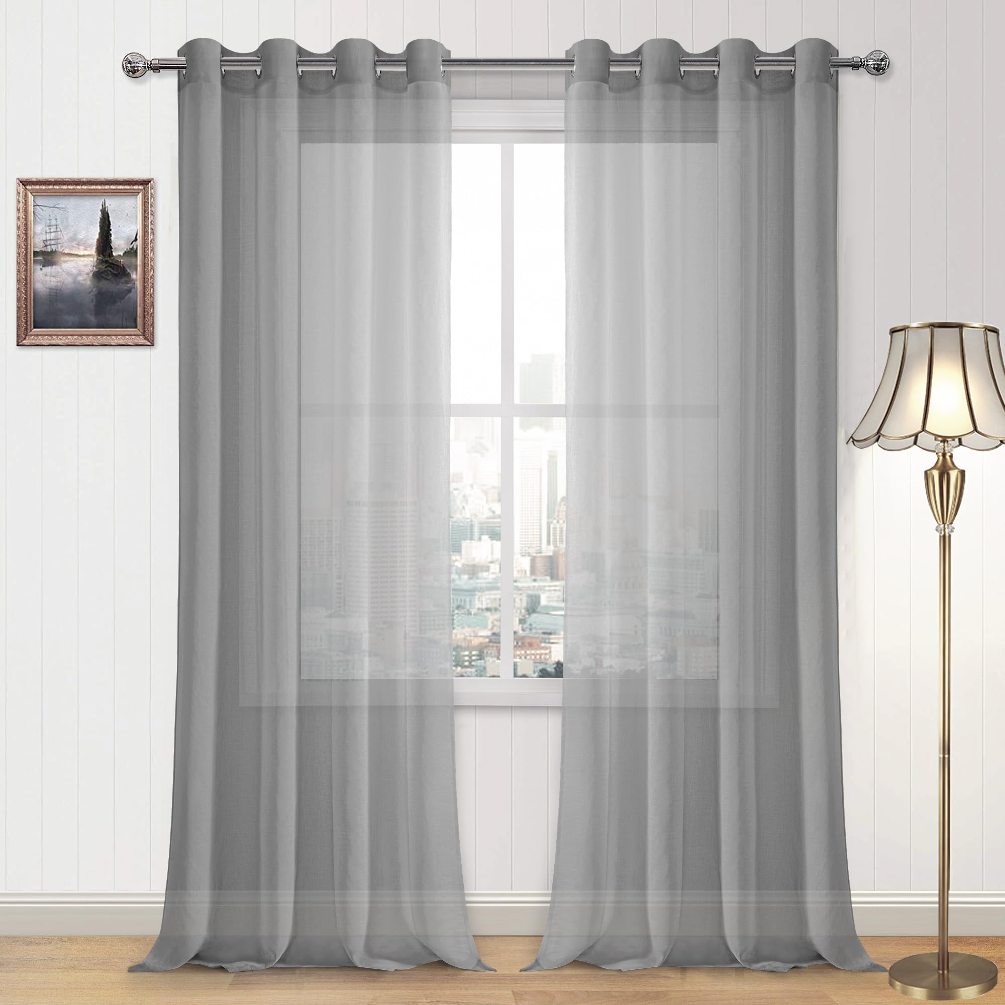 DWCN Grey Sheer Curtains, Faux Linen Look Voile Semi Grommet Sheer Curtains for Bedroom 52x 95 Inches Long Set of 2 Panels,1 Pair Window Drapes for Living Room