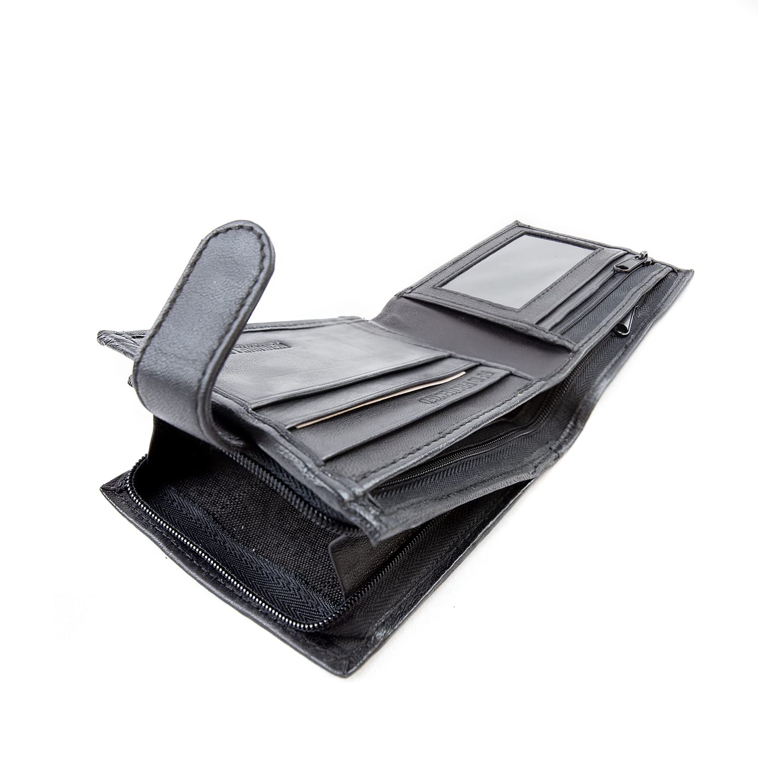 Woodland Leathers Mens Wallet, Genuine Leather RFID Blocking Credit Card Wallet with Zip Coin Pocket, Bank Note Compartment and Id Card Holder Pouch with Gift Box (Black)