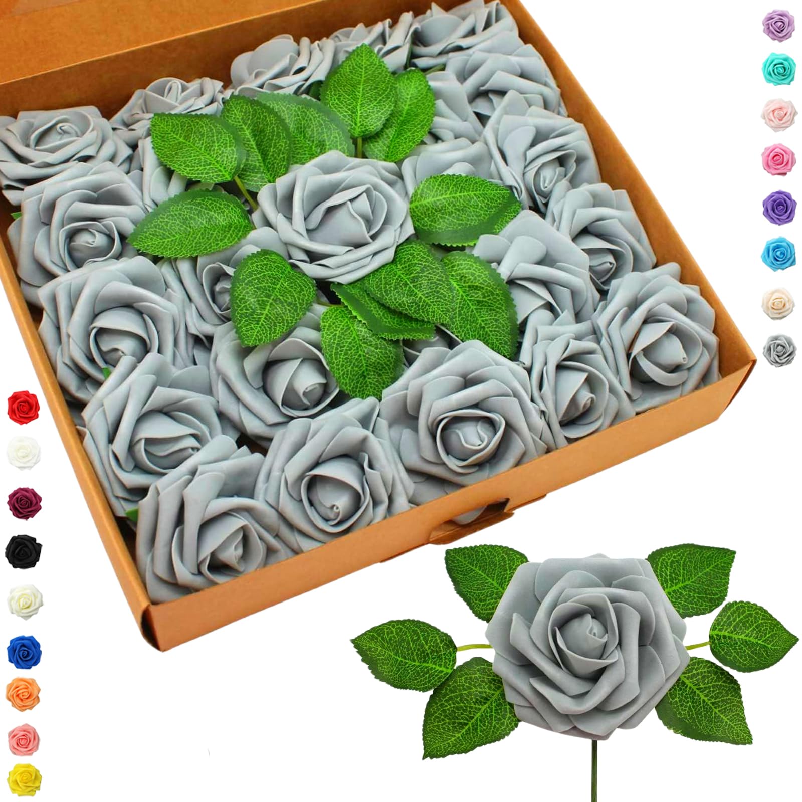 25pcs Faux Silver Roses, Real Touch Foam Artificial Flowers With Stem for Wedding Decor, Bridal Shower Crafts, Home, Baby Shower, Valentines Day Decorations