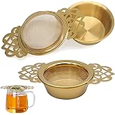 PHITUODA 2 Pack Tea Strainers with Drip Bowls Stainless Steel Mesh Tea Infusers Loose Leaf Tea Filter with Handles Tea Steeper for Tea Juice Coffee Drinks, Gold