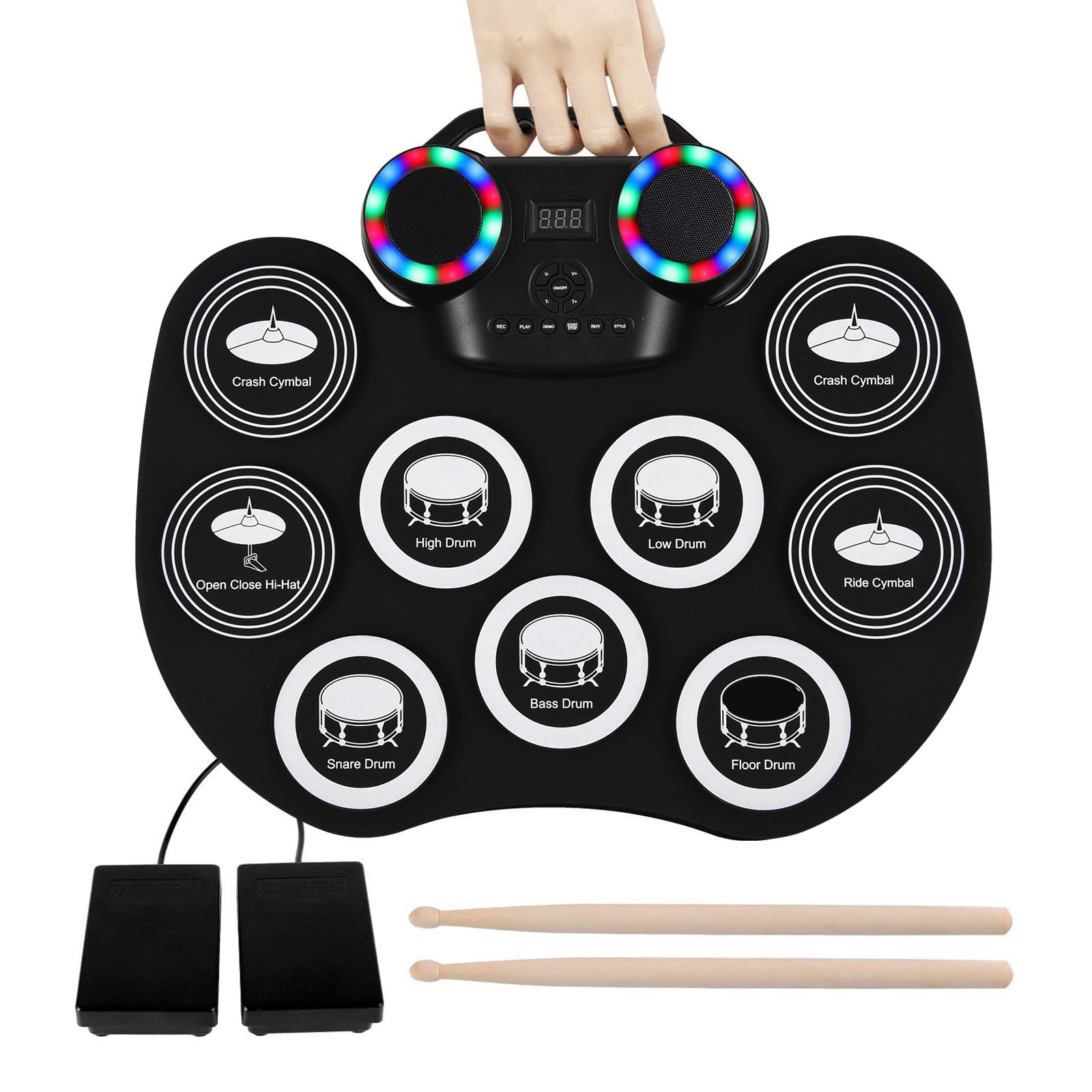 Sunydog Electronic Drum Set,Roll-up Electronic Drum Pad with Build-in Stereo Speakers,9 Pads Silicone Electronic Drum for Beginner,Foot Pedals Headphone Monitoring Colorful Light(Type 1)