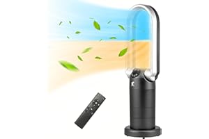 OCEAN LOONG OceanLoong 1500W Bladeless Tower Fan & Space Heater Combo for Home with Remote Control Timer Oscillation Tip-Over Switch and Adjustable Thermostat, 29” AB01H (Black)