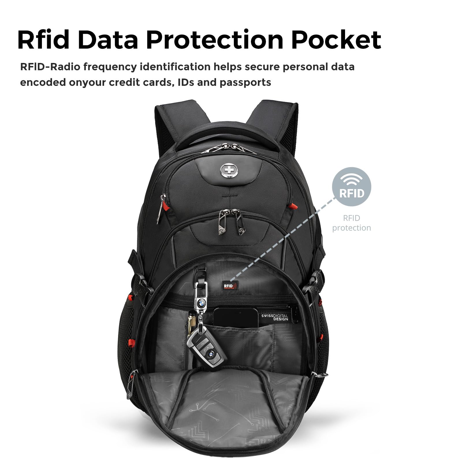 Swissdigital Swissdigital Design Laptop Backpack with USB Charging Port, Travel Backpack Fits 15.6 inches Computer, 31L College School Backpack for Men, Black | SD803-01