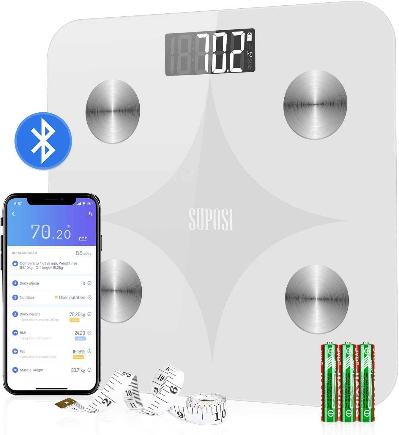 SUPOSI Smart Digital Body Fat Scale, Wireless BMI Bathroom Weight Scale for Body Weight, 24 Body Composition Analyzer Health Monitor Bluetooth Body Weight Scale with Smart Phone App, 396 lbs, White: Health & Personal Care