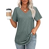 OFEEFAN Womens T Shirts V Neck Short Sleeve Casual Tops Loose Fit Basic Tees with Curved Hem