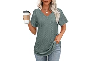 OFEEFAN Womens T Shirts V Neck Short Sleeve Casual Tops Loose Fit Basic Tees with Curved Hem
