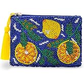 America &amp; Beyond Blue Lemon Beaded Coin Pouch || Hand-Beaded Lemon Print Zip Coin Purse for Women|| Navy Blue Mini Pouch