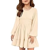 Cubear Girls' A-Line Casual Dress with Ruffle Hem Round Neck Teens Dress Long Puff Sleeve Junior Dresses for Teens, 5-14Y