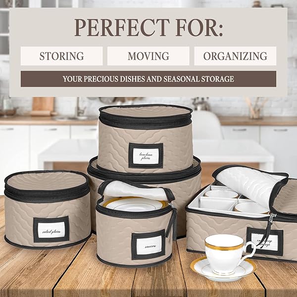 CHINA STORAGE CONTAINERS 5-PIECE SET MOVING BOXES FOR DINNERWARE, GLASSES, PLATES, MUGS AND SAUCERS STURDY QUILTED MICROFIBER DISH ORGANIZER WITH DIVIDERS FOR SEASONAL STORAGE – HOLDS SET OF 12, BROWN