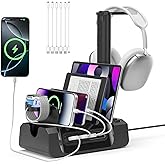 KDD Charging Station with 6 Charging Cables - Fast Charging 6 in 1 Cellphone Charging Dock with Headphone Stand and Watch Holder - 2 AC&USB A&USB C, Storage Station for Smartphone,Tablets, AppleWatch