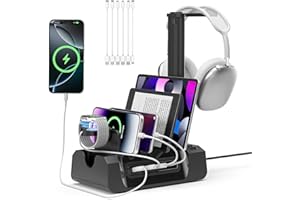 KDD Charging Station with 6 Charging Cables - Fast Charging 6 in 1 Cellphone Charging Dock with Headphone Stand and Watch Hol