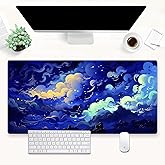 Shalysong XL Gaming Desk Pad Kawaii Dark Blue Clouds Design, Non-Slip Surface & Stitched Edges, 31.5x15.7 in - Cute Aesthetic for Office or Gaming Setup