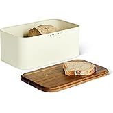 �鶹�� Basics Carbon Steel Bread Box with Acacia Wood Lid, Lid Doubles as Cutting Board, 30.2 x 18 x 13.2 cm, Ivory