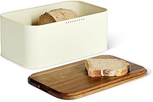 �鶹�� Basics Carbon Steel Bread Box with Acacia Wood Lid, Lid Doubles as Cutting Board, 30 x 18 x 13.2 cm