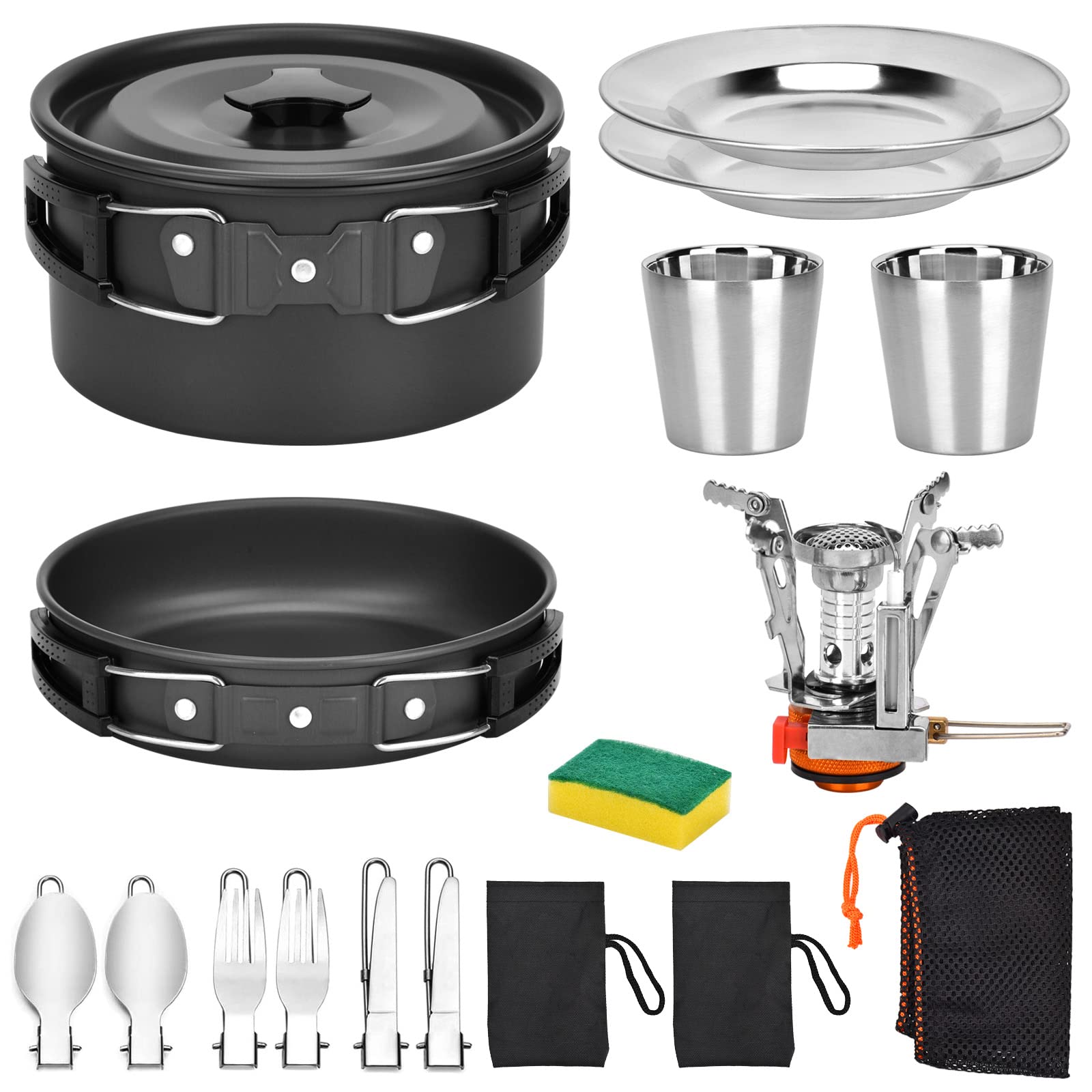Camping Cookware Set, Queta Outdoor Cooking Mess Set Kit 17 Psc Portable Picnic Pots Pans for 2-3 People for Camping Outdoor Hiking Picnic BBQ, Fda Certified