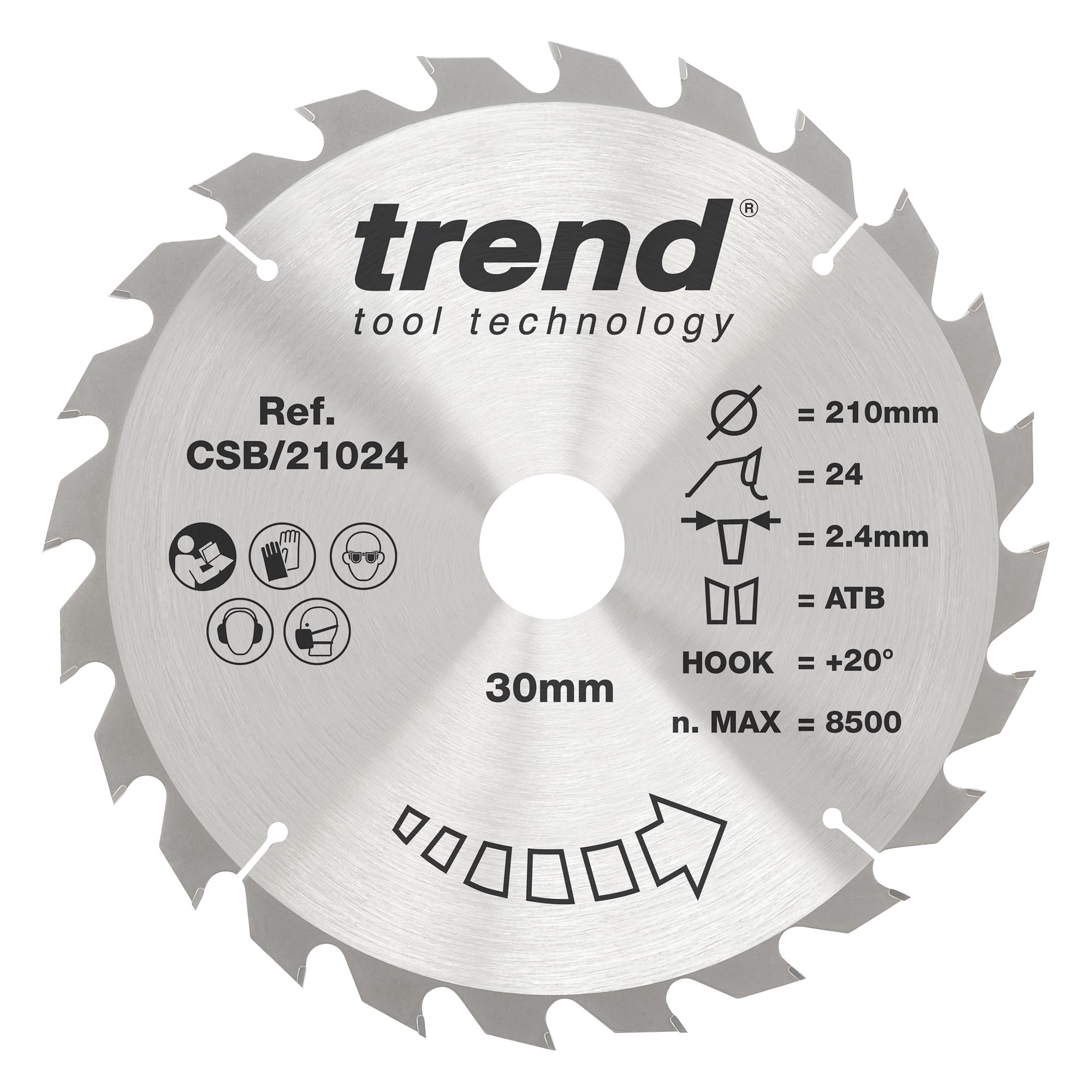 Trend Wood Circular Saw Blade, 210mm Diameter, 30mm Bore, 24 Teeth, 2.4mm Kerf, +20° Hook, TCT, Coarse Finish, CSB/21024