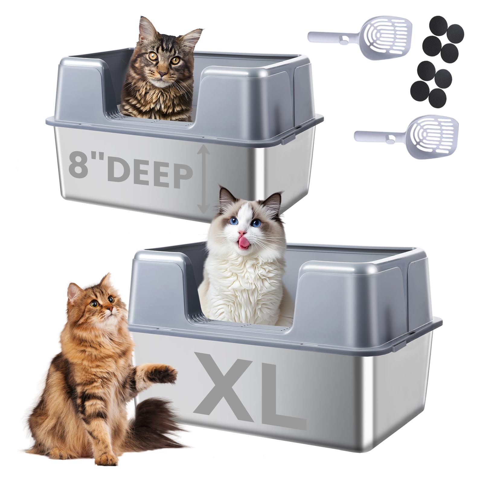 Photo 1 of 2 Pack Stainless Steel Cat Litter Box with Lid, 23.7" L x 15.8" W x 13.8" H XL Metal Litter Tray for Big Cats, High Sided Enclosure, Non-Sticky, Anti Urine Leakage, Easy Cleaning
