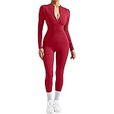 SUUKSESS Women Long Sleeve Ribbed Jumpsuit Zip up Front Workout Bodycon Romper