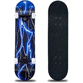 Skateboard,31 x 8 Inch Complete Skateboard, 8-Layer Maple Wood Deck Double Kick Standard Skateboards for Kids, Teens, Adult, Beginner