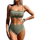 Aidonger Women's High Waisted Bikini Sets Bandeau Two Piece Swimsuits Cutout Tie Back Bathing Suits