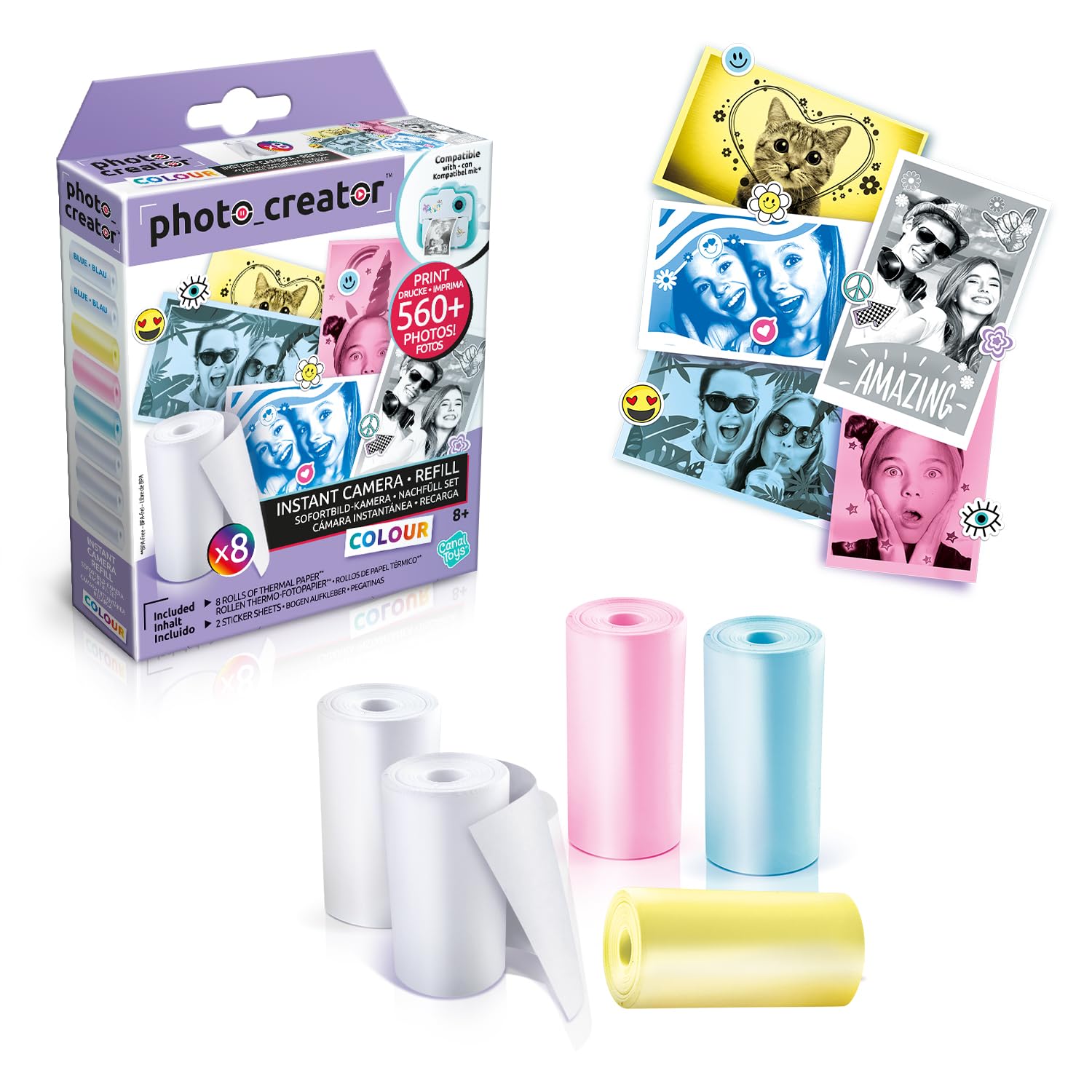 Canal Toys – Photo Creator – Instant Print Camera Colour Refill Pack – Instant Camera Refill Paper with 8 Rolls of Thermal Paper and 2 Sticker Sheets, Ink Free Instant Print Paper, Children 8 Years+